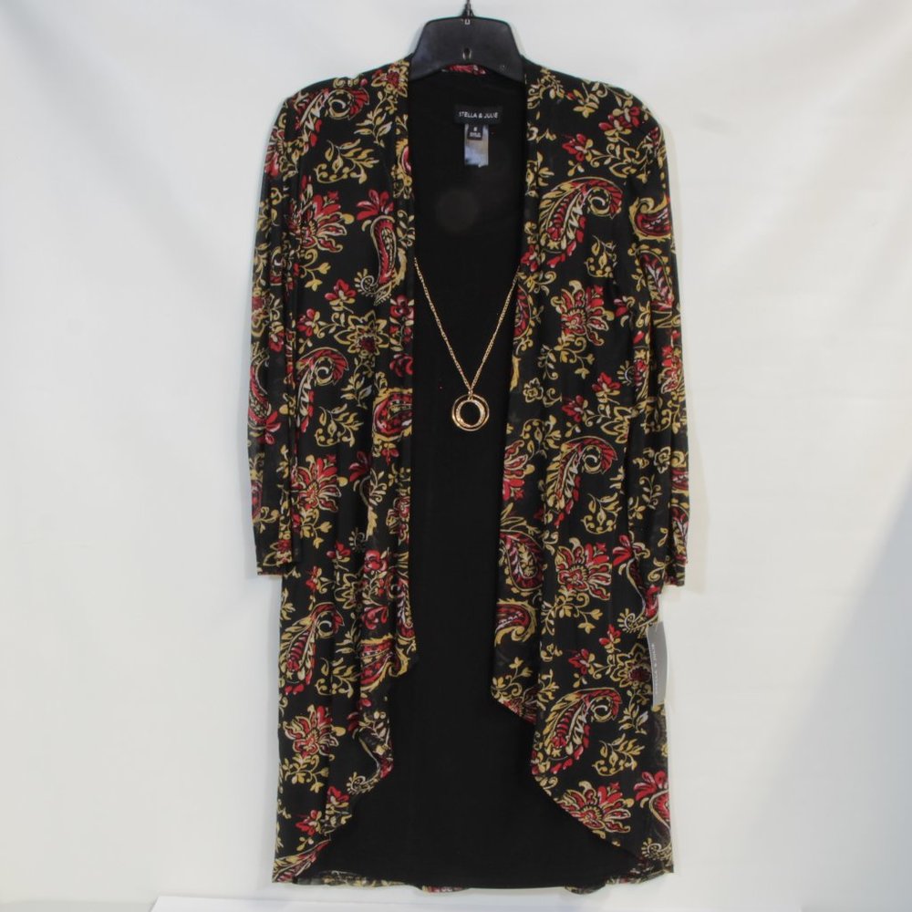 Stella & Julie Black Dress with Attached Sheer Long Paisley Cardigan Size 6